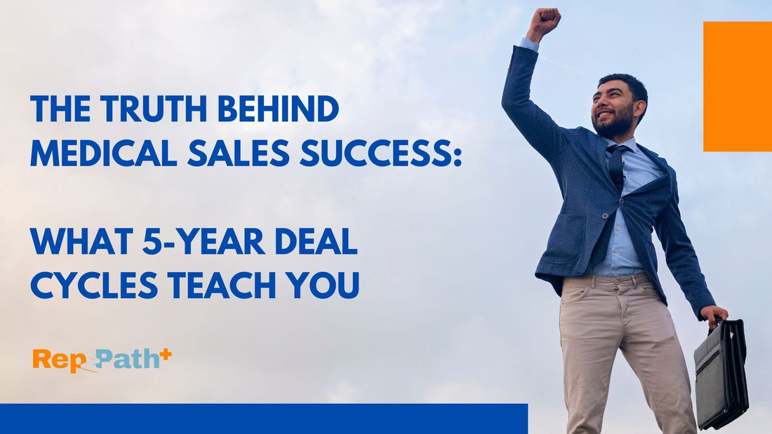 Medical sales representative discussing long-term hospital equipment deals with healthcare professionals, emphasizing persistence and relationship building over multi-year sales cycles.