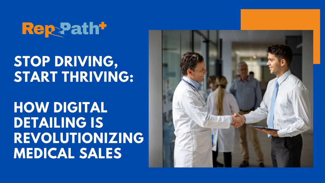 Medical sales representative using digital detailing tools to connect with physicians remotely, replacing traditional hospital visits with video presentations and online outreach.
