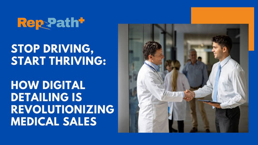 Medical sales representative using digital detailing tools to connect with physicians remotely, replacing traditional hospital visits with video presentations and online outreach.