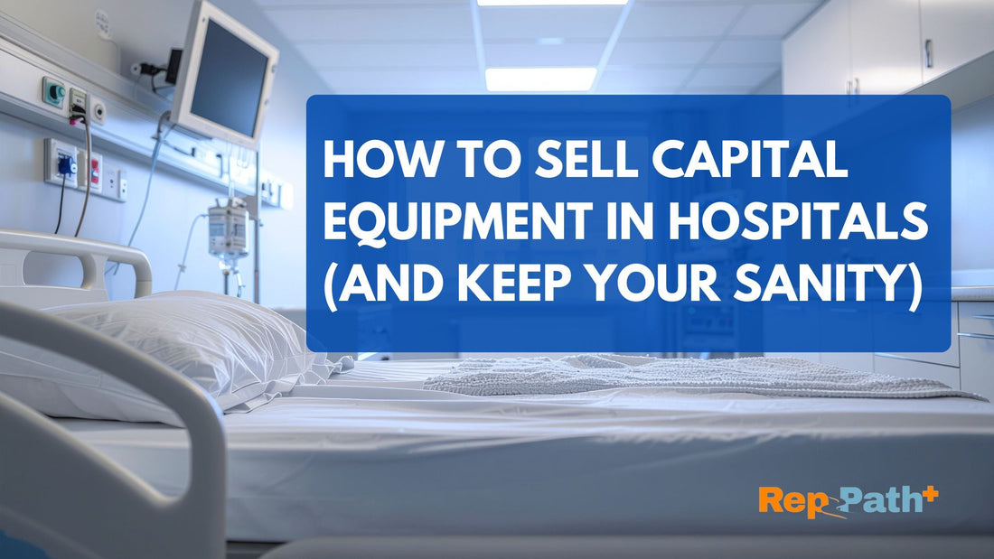 Medical sales representative presenting hospital capital equipment solutions to a group of healthcare professionals during a meeting.
