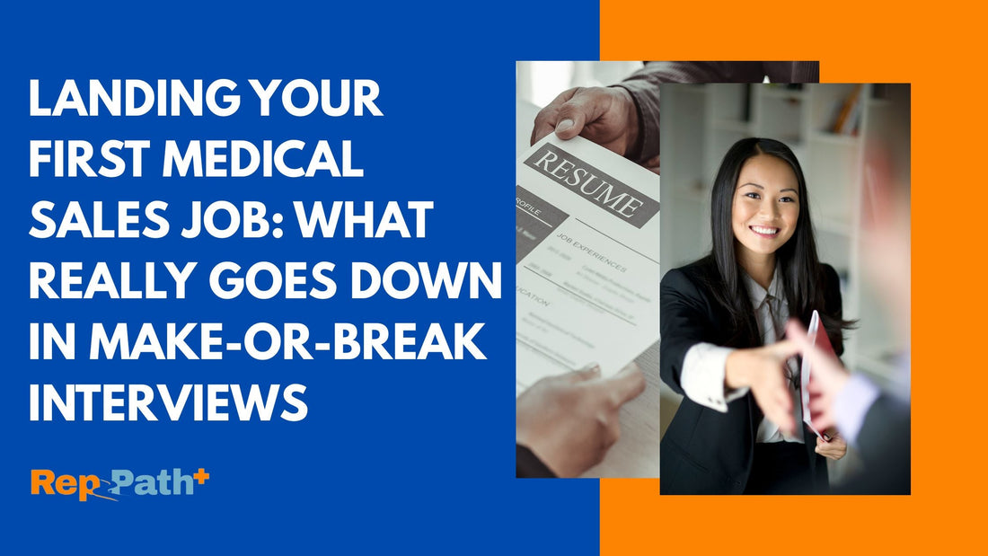 Medical sales candidate in a job interview with hiring manager, confidently sharing stories, asking smart questions, and demonstrating energy and preparation.