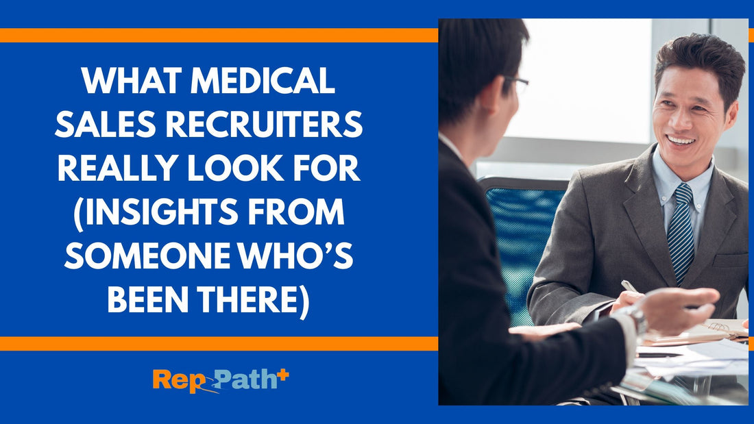 Medical sales recruiter reviewing a candidate’s resume and brag book, focusing on measurable results, transferable skills, and professional follow-up.